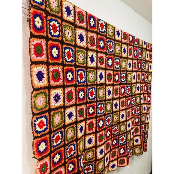 Vintge Handmade Granny Square Afghan Crochet Coverlet Blanket Orange Brown 90x70 - Picture 3 of 9